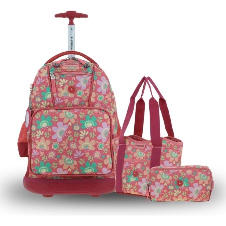 Kit Chenson Mochila A Ruedas Modelo Floris + Lapicera + Lonchera Escolar Niñas