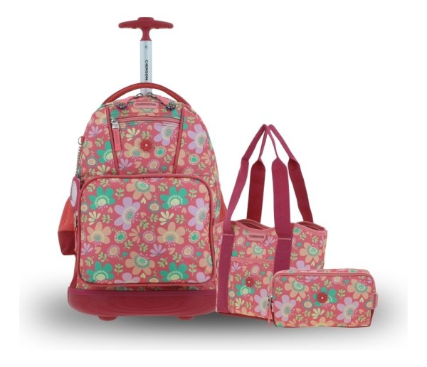 Kit Chenson Mochila A Ruedas Modelo Floris + Lapicera + Lonchera Escolar Niñas