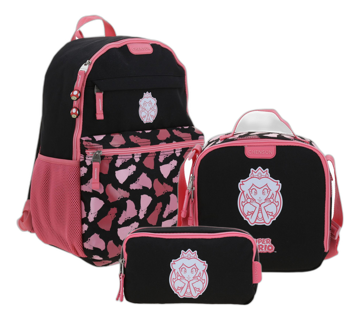 Kit Mochila Lonchera Y Lapicera Chenson Super Mario Tonsker Escolar Negro Y Rosa Ninas Mb70669-kc3