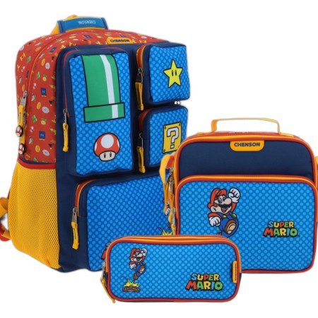 Kit Mochila Lapicera Y Lonchera Escolar Super Mario Onder Color Azul Niños