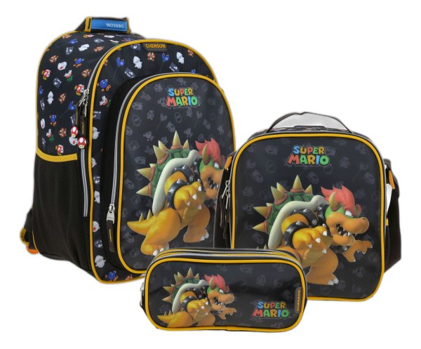 Kit Mochila Lonchera Y Lapicera Chenson Super Mario Woat Escolar Negro Mb70711-kc3