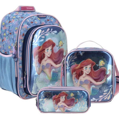 Kit Mochila Lonchera Y Lapicera Chenson Princesas Ariel Color Azul Primaria Pr70152-kc3