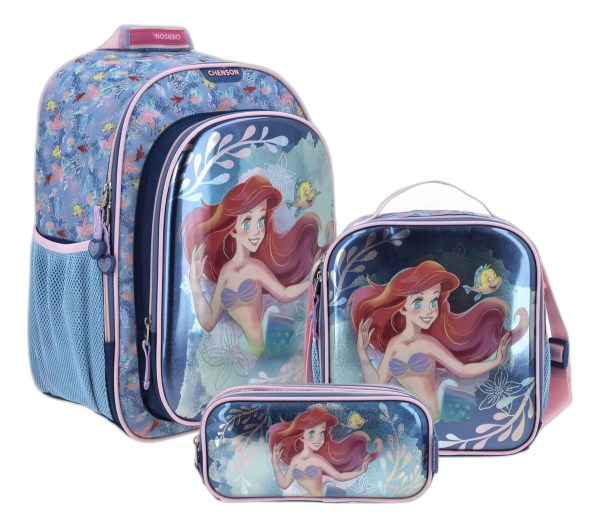 Kit Mochila Lonchera Y Lapicera Chenson Princesas Ariel Color Azul Primaria Pr70152-kc3